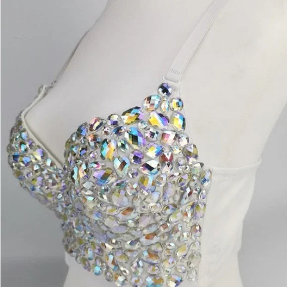 Size Small Absolutely Stunning White AB Embellished Gem Stone Corset Bustier - Picture 6 of 9